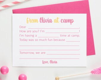 Summer Camp Note Cards Set, Fill-in Stationery for Girls