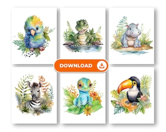 Jungle Animal Watercolor Art Print, Set of 6, 8x10 Inches, DIGITAL DOWNLOAD | Nursery Artwork Decor for Gender Neutral Baby Room Boy or Girl