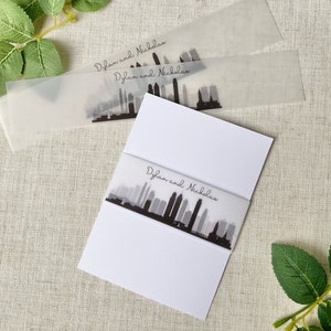 Skyline Wedding Invitation Vellum Bands, Custom Invitation Bellybands, Vellum jackets for wedding invitations, Vellum Wraps