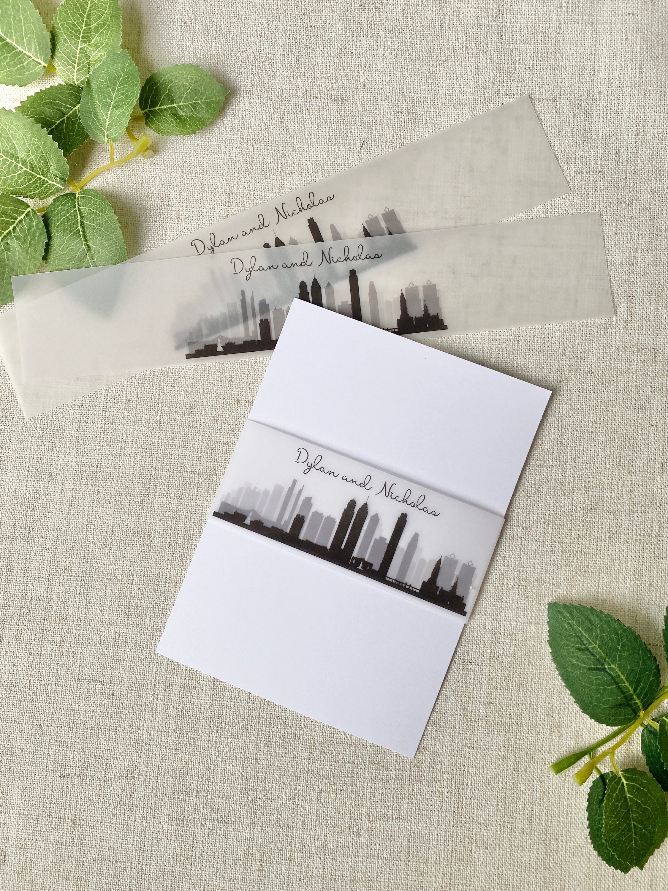 Skyline Wedding Invitation Vellum Bands, Custom Invitation Bellybands, Vellum jackets for wedding invitations, Vellum Wraps