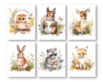 Forest Animal Nursery Decor, Woodland Friends Children's Room Artwork Posters, Wood Animal Theme, Boys Room Wall Art Prints Set of 6 Prints