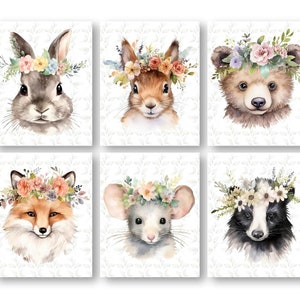 Decoración de guardería de animales del bosque, corona de flores, carteles de obras de arte para niños de amigos del bosque, tema de animales de madera, impresiones artísticas de pared para habitación de niñas, juego de 6