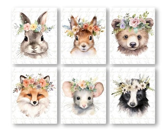 Forest Animal Nursery Decor, Flower Crown Woodland Friends Children's Artwork Posters Wood Animal Theme, Girls Room Wall Art Prints Set of 6