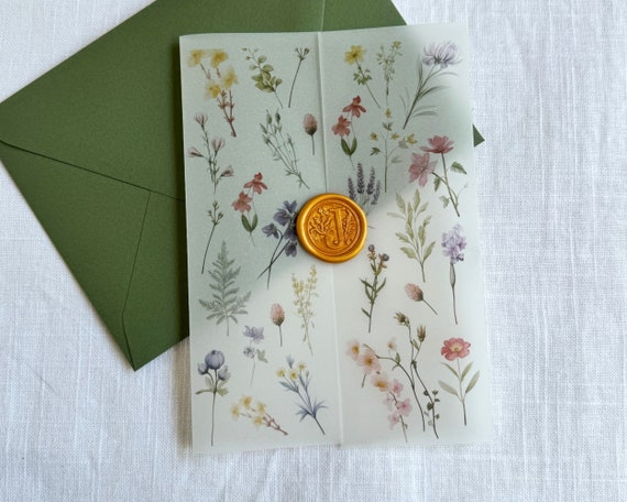 Wildflower Vellum Jackets, Spring Flower Wedding Invitation Wraps, DIY Floral Invitations, 5" x 7" Vellum Wedding Invitation