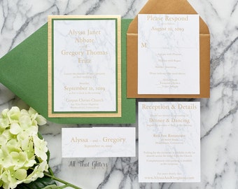 May include: Wedding invitation suite with a marble background and gold accents. The invitation features the names Alyssa Janet Abbate and Gregory Thomas Fritz, the date September 21, 2019, and the location Corpus Christi Church. The RSVP card includes the date August 21, 2019. The reception details card includes the location Red Fox Restaurant and the text "Dinner & Dancing".