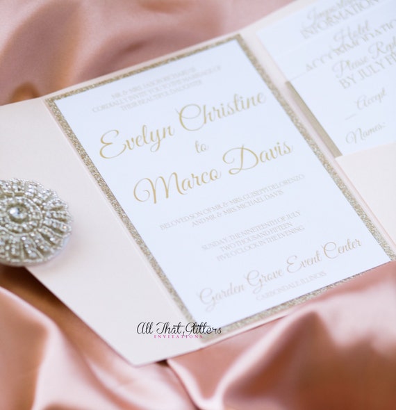 Classic Pocketfold Wedding Invitation with Envelope RSVP Card and Inserts, Glitter Backer Invitation Traditional Elegant Invitations Wedding