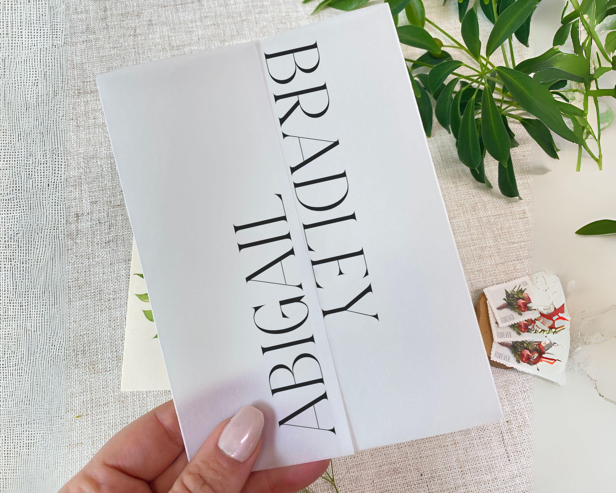 Personalized Vellum Wedding Invitation Wraps, Names 5 x 7 Wedding Invitation Jackets, DIY Invitation Accessories, Transparent Invitations