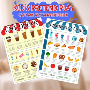 May include: A children's pretend play cafe and restaurant bundle. The image shows cafe and restaurant order menus with illustrations of food and drinks. The menus include items such as coffee, pizza, and cookies.