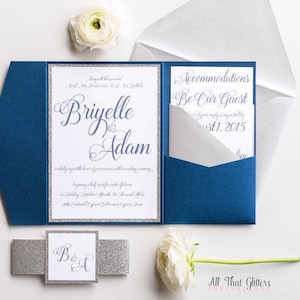 Silver and Navy Blue Wedding Invitation Package with Enclosure Cards and RSVP, Navy Blue and Silver Glitter Wedding Suite, Briyelle