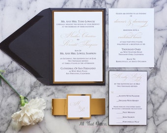 Gold Mirror Wedding Invitations with gold foil bellyband, enclosure cards and envelopes, Heather