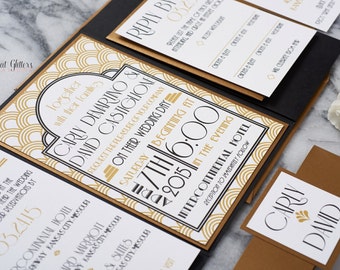 Gatsby 1920's Art Deco Glitter Wedding Invitations, Vintage Roaring 20's Wedding Invitations in pocket, Black and Gold