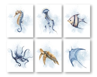 Ocean Animal Nursery Prints, Sea Turtle, Seahorse, Jellyfish Art, Set of 6