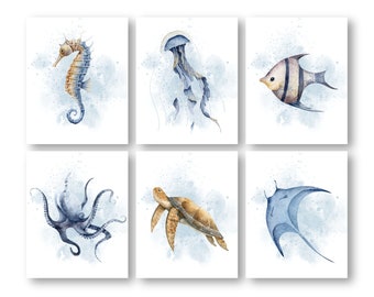 Ocean Animal Nursery Decor, PRINTED Sea Animal Children's Room Artwork Posters, Jellyfish, Seahorse Turtle Baby Room Wall Art Print Set of 6