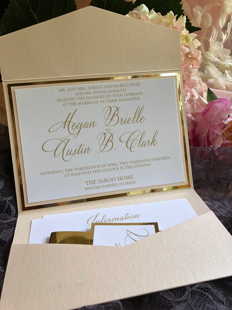 May include: A wedding invitation with gold accents. The invitation is for the wedding of Hogan Brielle to Austin B. Clark. The wedding will take place on Saturday, April 13, 2019 at 5:30 PM at The Deroo Home in Winter Garden, Florida.