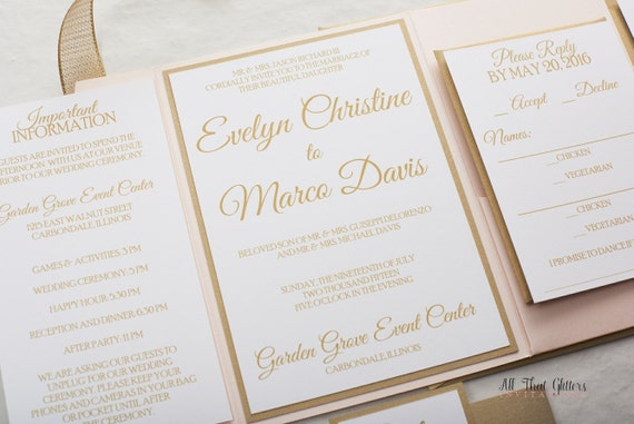 Formal Wedding Invitation Set in pocket with Bellyband, Wedding Invitations in Blush Pink and Gold Champagne, Evelyn