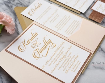 Wedding Invitation package with Glitter Mat, Calligraphy Wedding Invitations, Elegant Wedding Invitations, Karalin