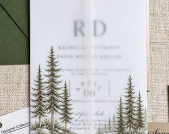 Wedding Invitation Vellum Wraps Rustic Mountain Pine Trees, Translucent Wedding Invitation Jackets, DIY Invitation Accessories
