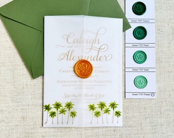 Palm Tree Vellum Wrap for 5x7 Wedding Invitation, Tropical Beach Vellum Jackets, Destination Wedding, Printed Wrap for DIY Invites