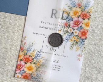 Flower Bouquet Vellum Jackets, Watercolor Wildflower Wedding Invitation Vellum Wrap, Accessories for DIY Invites