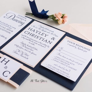 Navy and Blush Pocket Wedding Invitations, dark blue and blush pink invitations, Maggie
