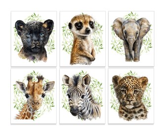 Jungle Animal Nursery Decor, Safari Animal Children's Room Artwork Posters, African Animal Theme, Babys Room Wall Art Prints Set of 6 Prints