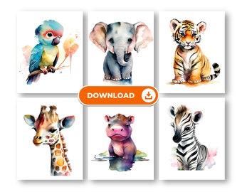 Jungle Animal Watercolor Art Print, Set of 6, 8x10 Inches, DIGITAL DOWNLOAD | Nursery Artwork Decor for Baby Room Boy or Girl, Bright Colors