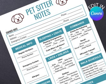 Hoja informativa para cuidadores de mascotas (descargable para guardería canina) y plantilla imprimible para paseadores de perros (edición en Canva).