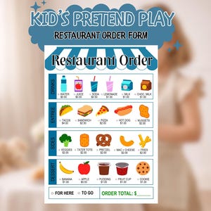 Puede incluir: Un formulario de pedido de restaurante para niños, con un menú ilustrado de bebidas, entrantes, guarniciones y postres. El formulario está diseñado con ilustraciones y precios, fomentando el juego imaginativo.