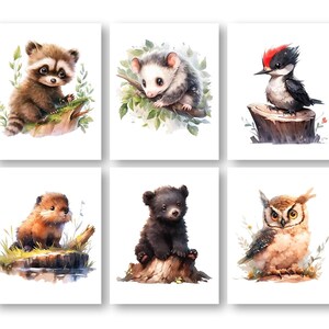 Decoración de vivero de animales del bosque, carteles de obras de arte de la habitación de los niños de Woodland Friends, tema de animales de madera, impresiones de arte de pared de la habitación de los niños, conjunto de 6 impresiones