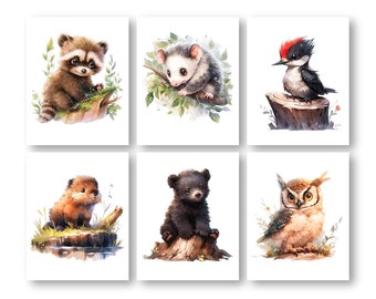 Forest Animal Nursery Decor, Woodland Friends Children's Room Artwork Posters, Wood Animal Theme, Boys Room Wall Art Prints Set of 6 Prints