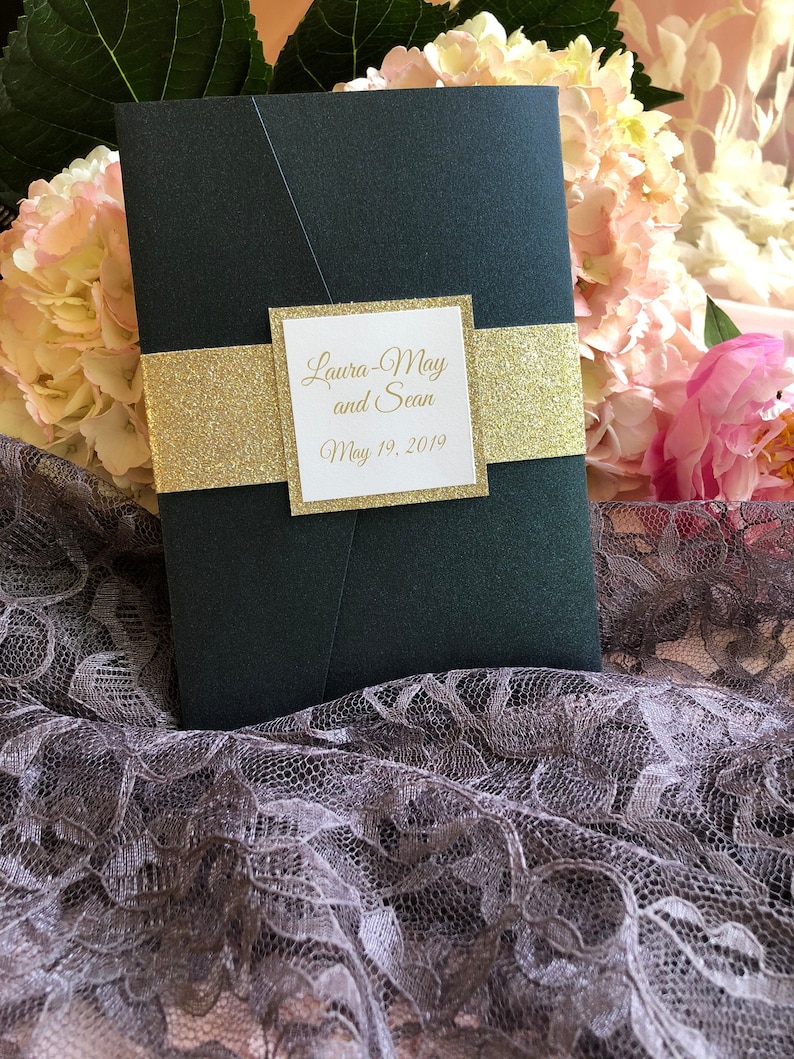 Black and Gold Pocket Wedding Invitation Gold Glitter Wrap Etsy