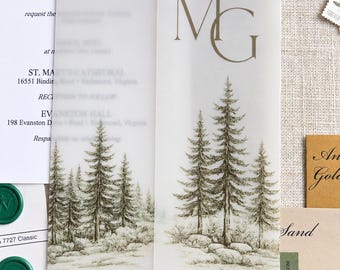 Personalized Wedding Invitation Vellum Wraps Rustic Mountain Pine Trees, Translucent Wedding Invitation Jackets, DIY Invitation Accessories