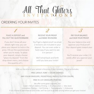 Może przedstawiać: R&oacute;żowo-biała grafika z tekstem "All That Glitters Invitations" i trzyetapowym przewodnikiem zamawiania zaproszeń. Kroki to: 1. Wpłać zaliczkę i wypełnij kwestionariusz, 2. Odbierz projekt i wprowadź poprawki, 3. Zapłać pozostałą kwotę i podpisz projekt.