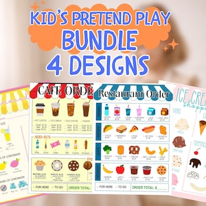May include: A bundle of four colorful pretend play designs for kids, including a lemonade stand, cafe order, restaurant order, and ice cream shop. Each design features illustrations of food and drinks with prices.