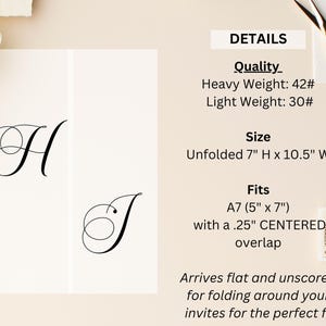 Puede incluir: Cartulina marfil con las letras "H" y "J" en elegante escritura negra. La tarjeta desplegada mide 17,78 cm de alto por 26,67 cm de ancho. Se adapta a sobres A7 (12,7 cm x 17,78 cm).