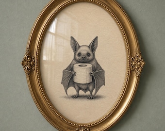 Funny Bat Holding Toilet Paper Print, Cute Bat Wall Art, Quirky Bathroom Decor, Pencil Drawing Art Print, Whimsical Animal Poster, Humor