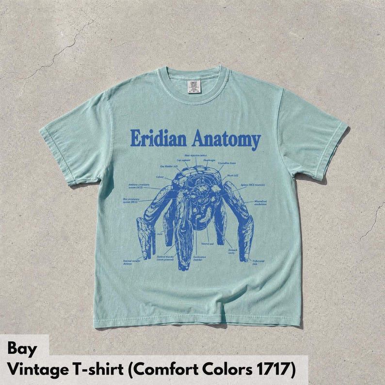 May include: A light green short-sleeve t-shirt featuring a blue graphic print of a creature labeled Eridian Anatomy. The design includes various anatomical labels with lines pointing to specific parts of the creature, centered on the chest.