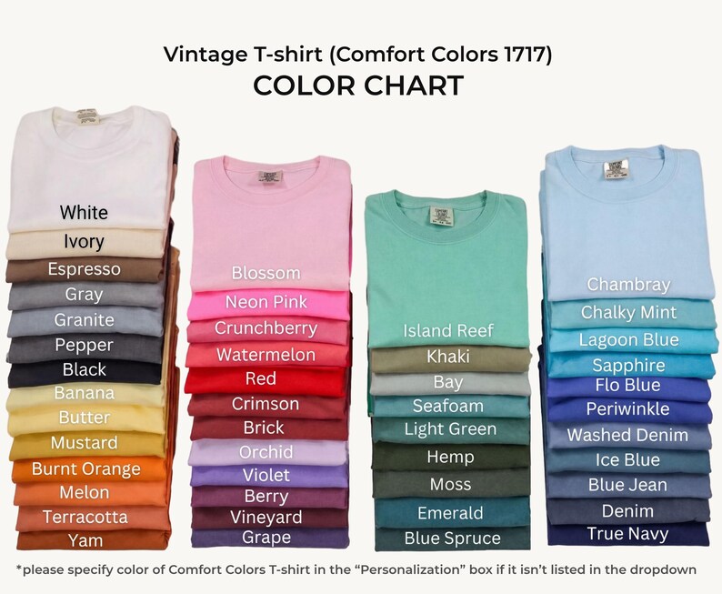 May include: A color chart for Comfort Colors 1717 vintage t-shirts, displaying four vertical stacks of folded shirts in various shades. The text reads: Vintage T-shirt (Comfort Colors 1717) COLOR CHART, with labels for each color listed on the shirts.