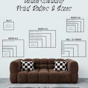 May include: A brown modular sofa with two black and white checkered cushions, positioned below a chart titled Understanding Print Ratios & Sizes. The chart displays various print dimensions in inches and centimetres, and the sofa measures 228 cm wide.