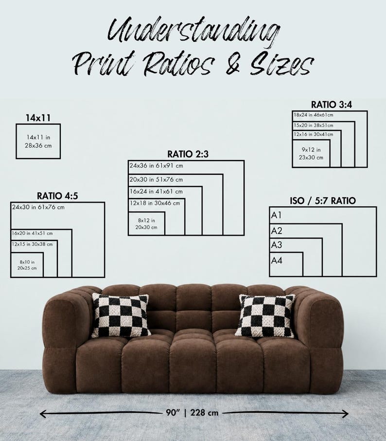 May include: A brown modular sofa with two black and white checkered cushions, positioned below a chart titled Understanding Print Ratios & Sizes. The chart displays various print dimensions in inches and centimetres, and the sofa measures 228 cm wide.