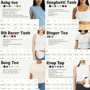 K&ouml;nnte beinhalten: Eine Kollektion von sechs Kleidungsstilen, darunter ein Baby-T-Shirt, Spaghetti-Tr&auml;ger-Top, Racerback-Top, Ringer-T-Shirt, Boxy-T-Shirt und Crop-Top. Jeder Abschnitt zeigt Farbmuster, Materialzusammensetzung und detaillierte Gr&ouml;&szlig;entabellen in cm.
