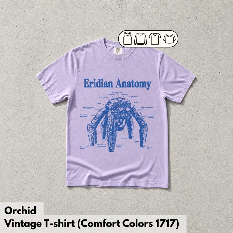 May include: A light purple short-sleeve t-shirt featuring a blue graphic print of a creature labeled Eridian Anatomy with various anatomical lines and text. A small icon box in the top right corner displays four different shirt style options.