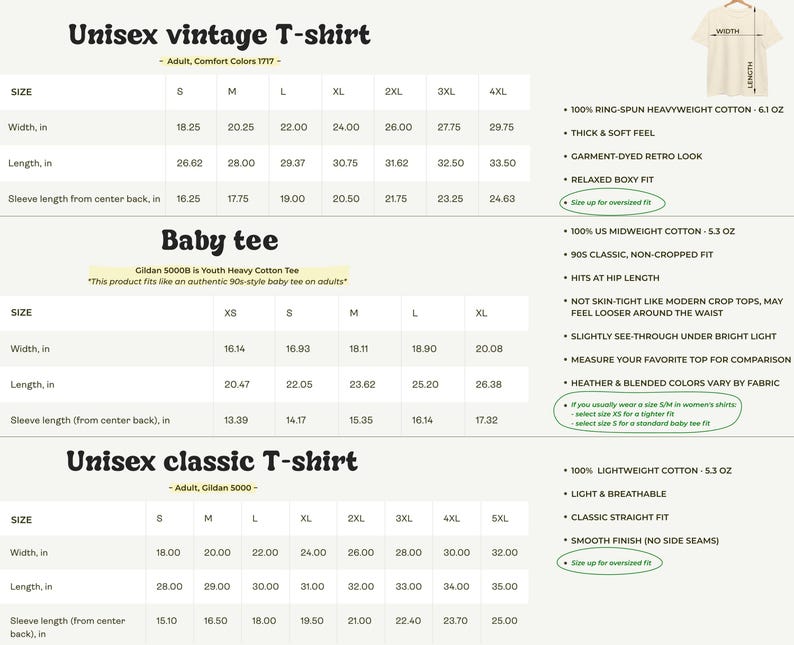 K&ouml;nnte beinhalten: Eine Gr&ouml;&szlig;entabelle f&uuml;r drei T-Shirt-Modelle: Unisex vintage T-shirt, Baby tee und Unisex classic T-shirt. Jeder Abschnitt enth&auml;lt Breiten-, L&auml;ngen- und &Auml;rmell&auml;ngenma&szlig;e in Zoll f&uuml;r verschiedene Gr&ouml;&szlig;en sowie Details zu Stoff und Passform.