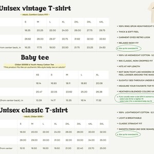 May include: A size chart for three t-shirt styles: Unisex vintage T-shirt, Baby tee, and Unisex classic T-shirt. Each section lists width, length, and sleeve length measurements in inches for various sizes, alongside fabric and fit details.