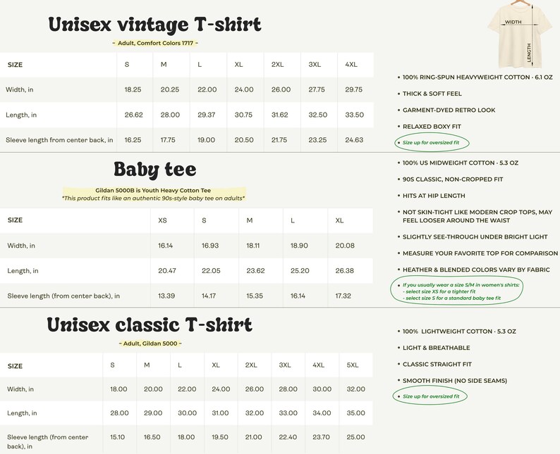 May include: A size chart for three t-shirt styles: Unisex vintage T-shirt, Baby tee, and Unisex classic T-shirt. Each section lists width, length, and sleeve length measurements in inches for various sizes, alongside fabric and fit details.