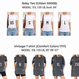 May include: A size comparison chart for Gildan 5000B baby tees in white and Comfort Colors 1717 vintage t-shirts in charcoal gray. The chart displays various sizes from XS to 2XL with model measurements and specific width and length dimensions in inches.