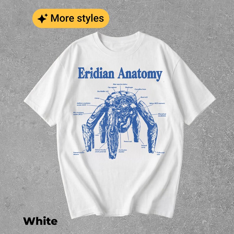 May include: A white short-sleeve t-shirt featuring a blue graphic print titled Eridian Anatomy. The design displays a detailed anatomical diagram of a creature with multiple limbs, including various labels and lines pointing to specific body parts.