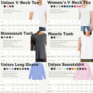K&ouml;nnte beinhalten: Eine Gr&ouml;&szlig;entabelle mit sechs Kleidungsstilen: Unisex V-Ausschnitt-T-Shirt, Damen V-Ausschnitt-T-Shirt, Stonewash-Tanktop, Muscle-Tanktop, Unisex-Langarmshirt und Unisex-Sweatshirt, jeweils mit Farbmustern und Ma&szlig;en in Zoll dargestellt.