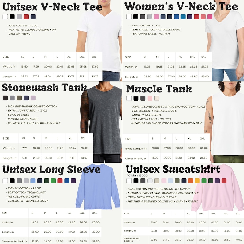K&ouml;nnte beinhalten: Eine Gr&ouml;&szlig;entabelle mit sechs Kleidungsstilen: Unisex V-Ausschnitt-T-Shirt, Damen V-Ausschnitt-T-Shirt, Stonewash-Tanktop, Muscle-Tanktop, Unisex-Langarmshirt und Unisex-Sweatshirt, jeweils mit Farbmustern und Ma&szlig;en in Zoll dargestellt.