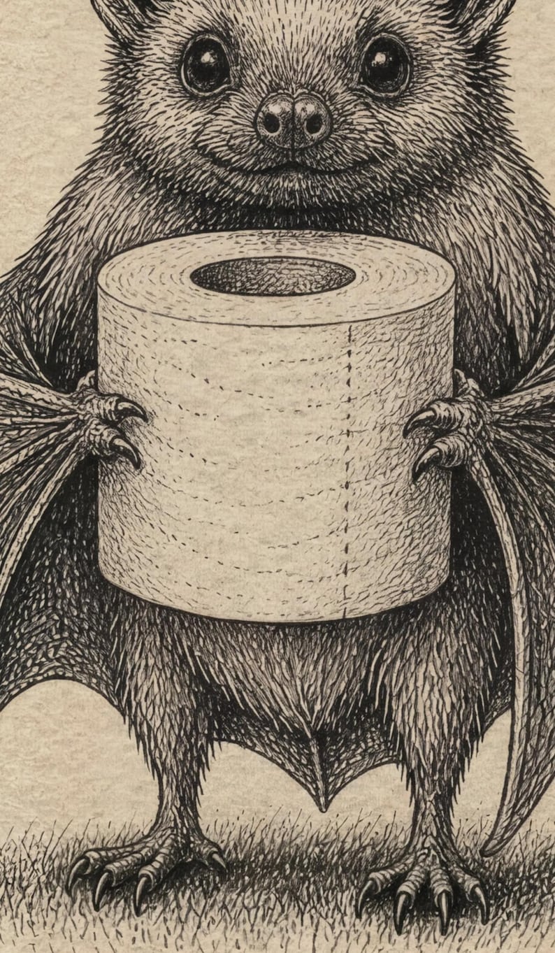 Funny Bat Holding Toilet Paper Print, Cute Bat Wall Art, Quirky ...